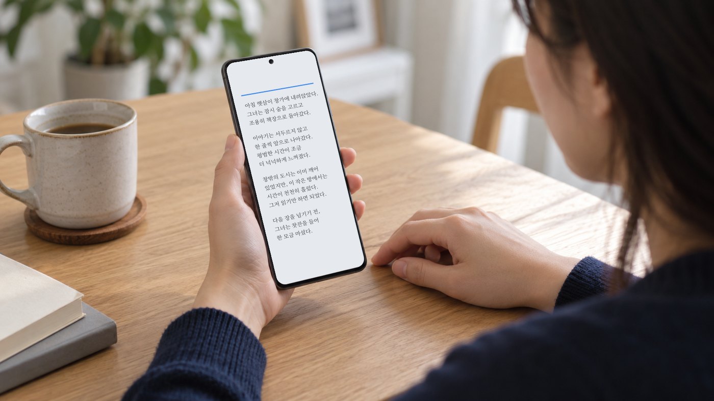 모두의 스크롤로 휴대폰 속 글을 차분히 읽는 사람