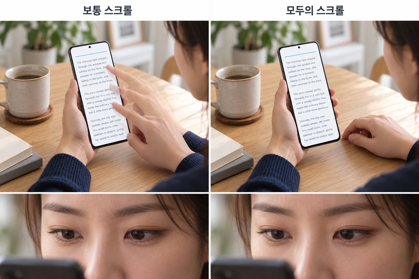 보통 스크롤에서는 손가락이 여러 번 화면을 밀고, 모두의 스크롤에서는 손이 탁자 위에서 쉬는 모습 비교