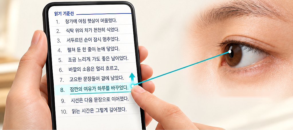 8번째 줄을 손끝으로 짚어 위로 넘기는 모습과 그 줄을 보는 눈