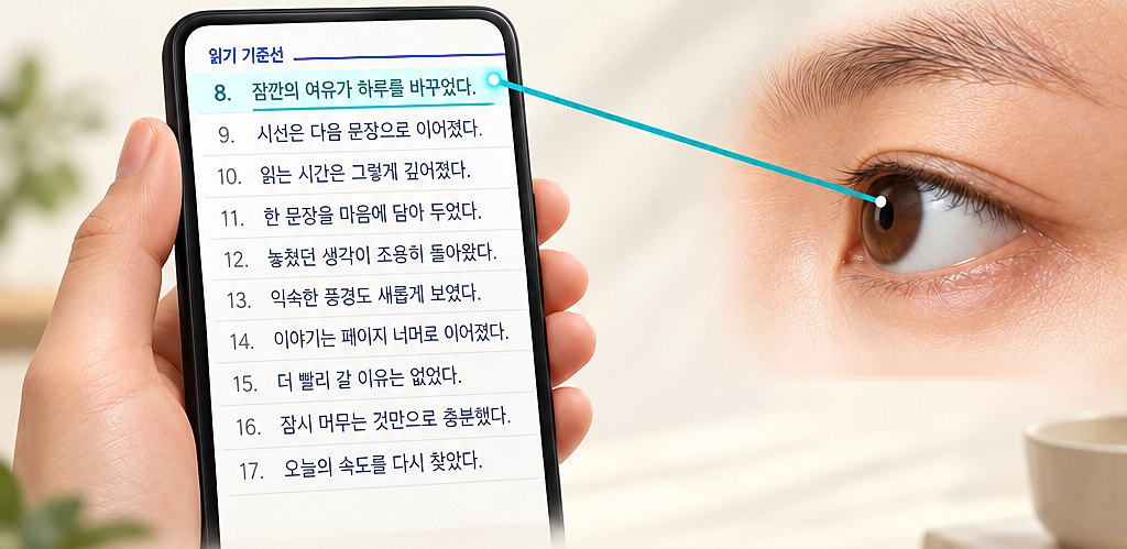 8번째 줄이 기준선 바로 아래로 올라오고, 눈은 같은 자리에서 이어 읽는 모습